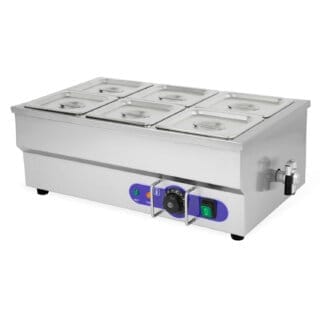 Industrial bain-marie food warmer with 6 trays