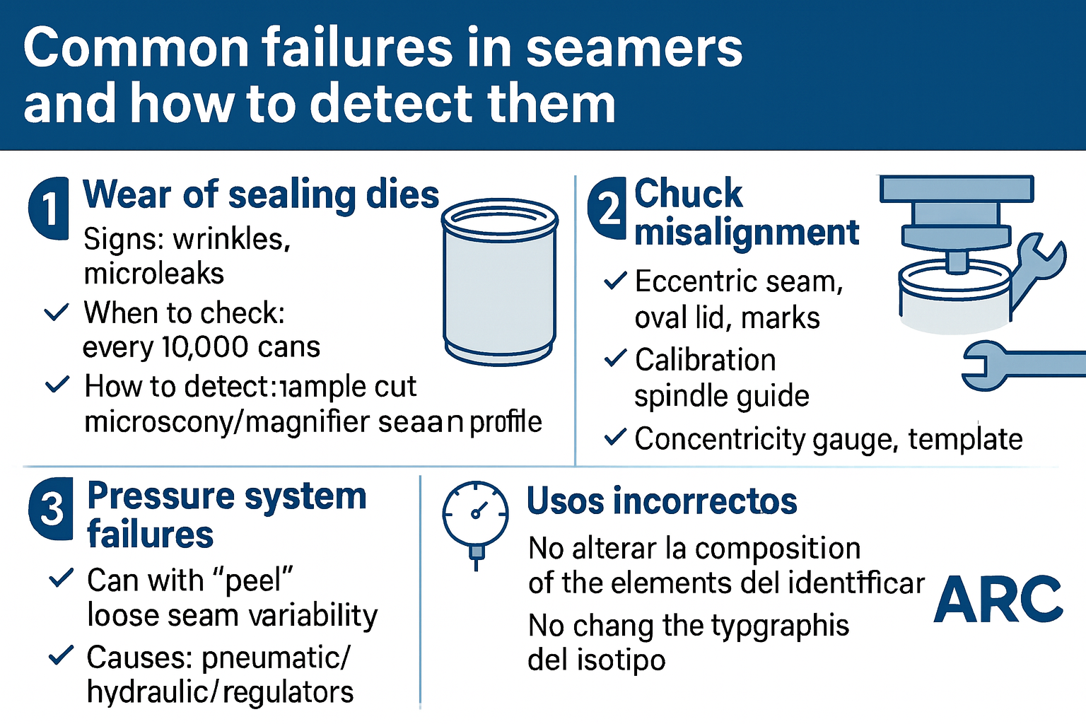 Infographic showing common failures in can seamers: sealing die wear, chuck misalignment, and pressure system failures with detection methods.
