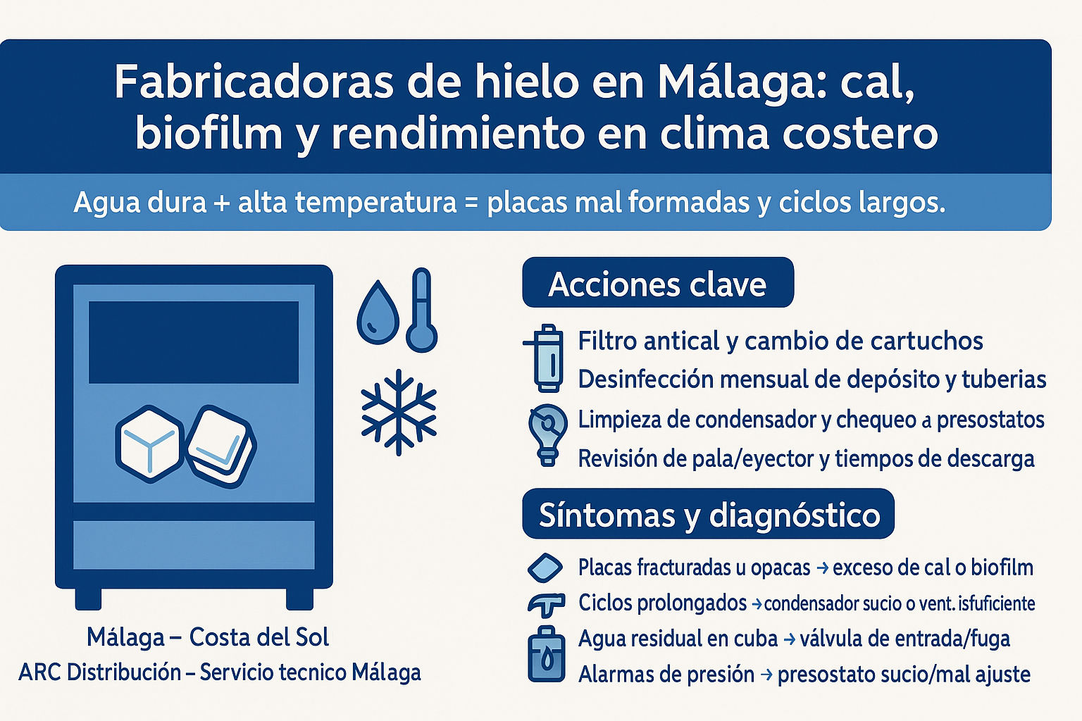 Fabricadoras de hielo en Málaga: cal, biofilm y rendimiento
