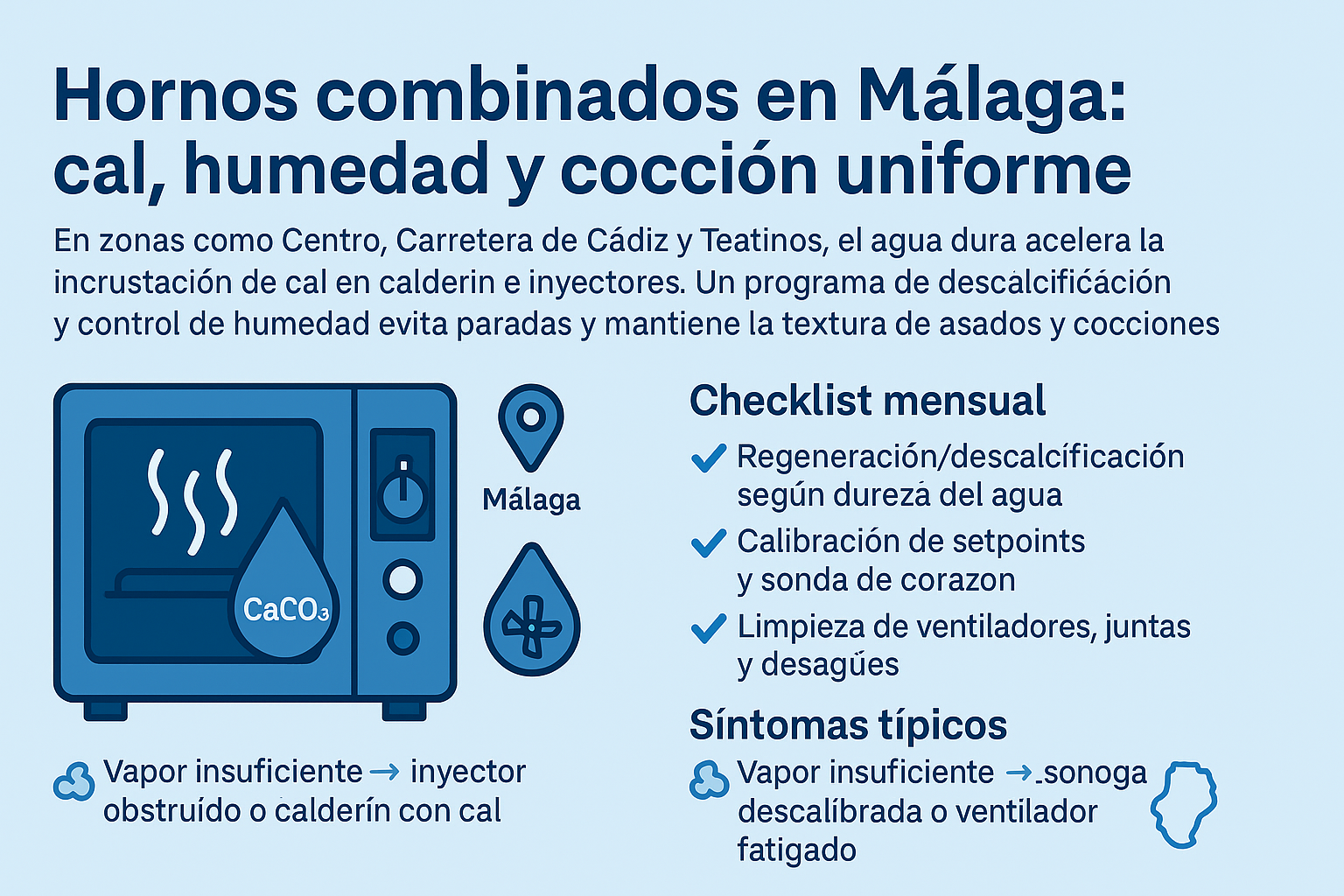 Mantenimiento de hornos combinados en Málaga: descalcificación, humedad y sondas