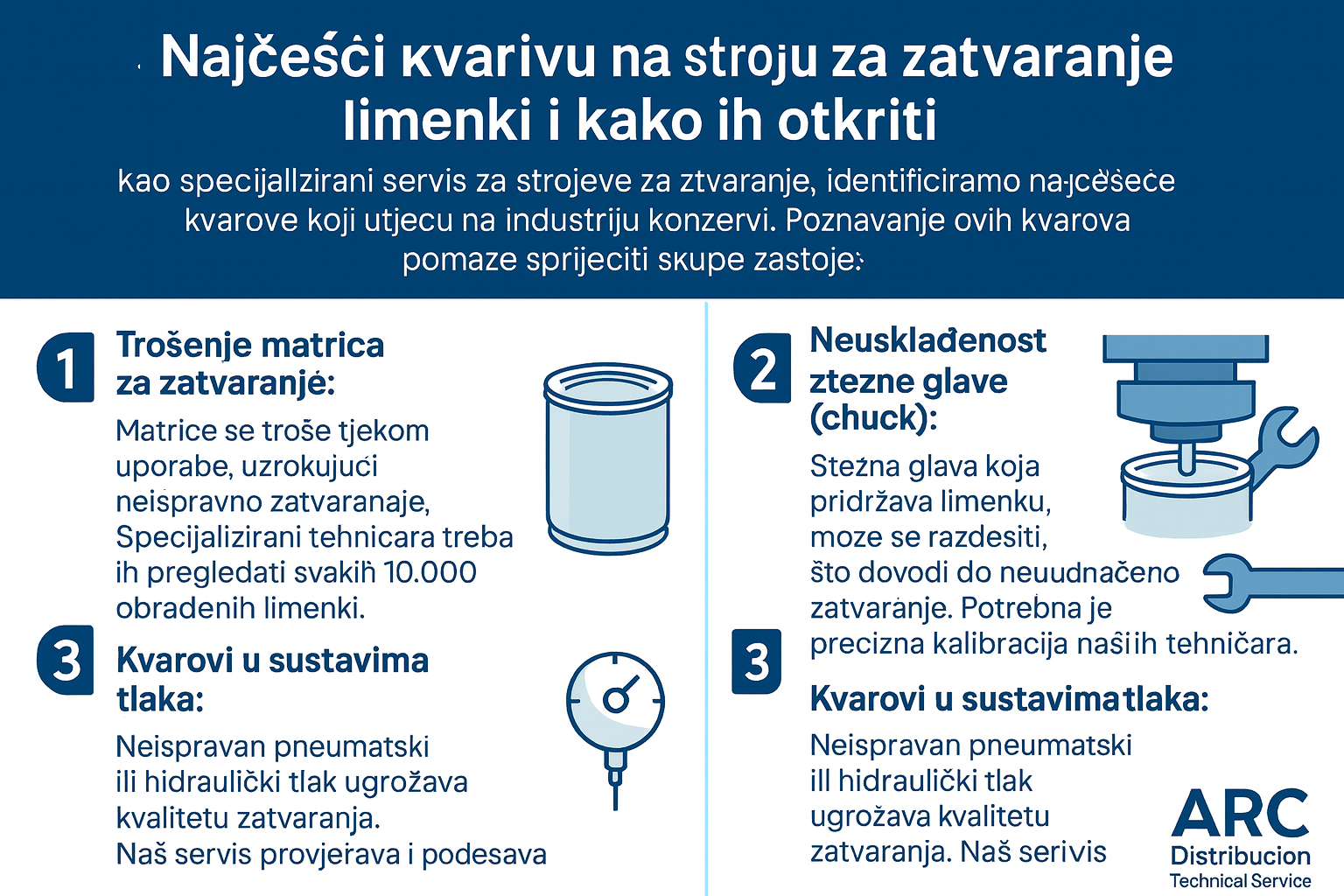Infografika: najčešći kvarovi na zatvaračima limenki — istrošene matrice, razmak/glava za zatvaranje izvan kalibracije i pogrešan pneumatski/hidraulički tlak; znakovi i brza dijagnostika.