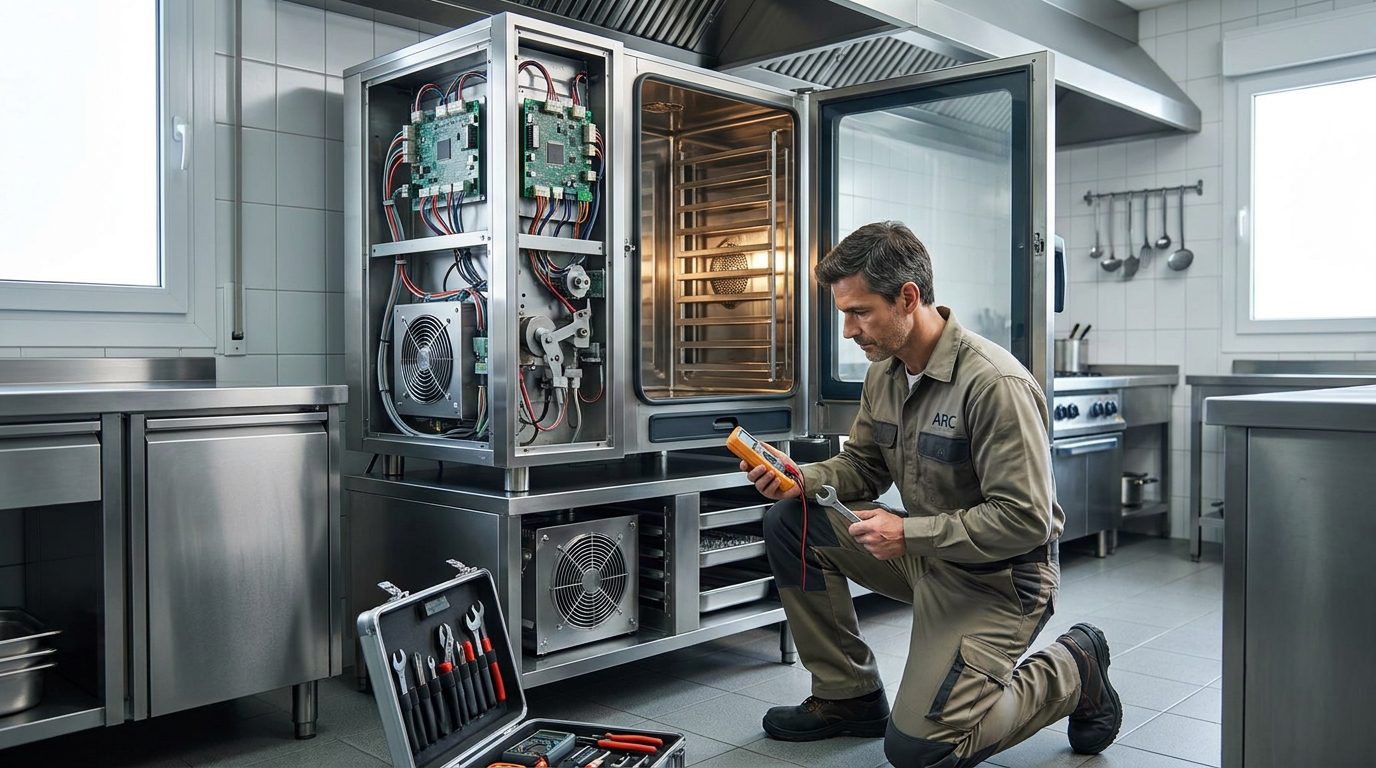 Técnico realizando mantenimiento de maquinaria profesional de cocina en Badajoz