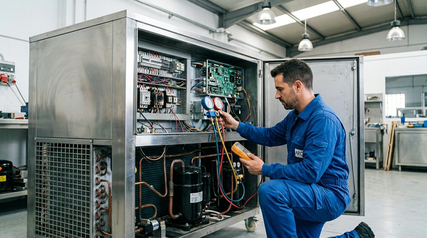 Servicio técnico reparando equipo de frío industrial en Badajoz