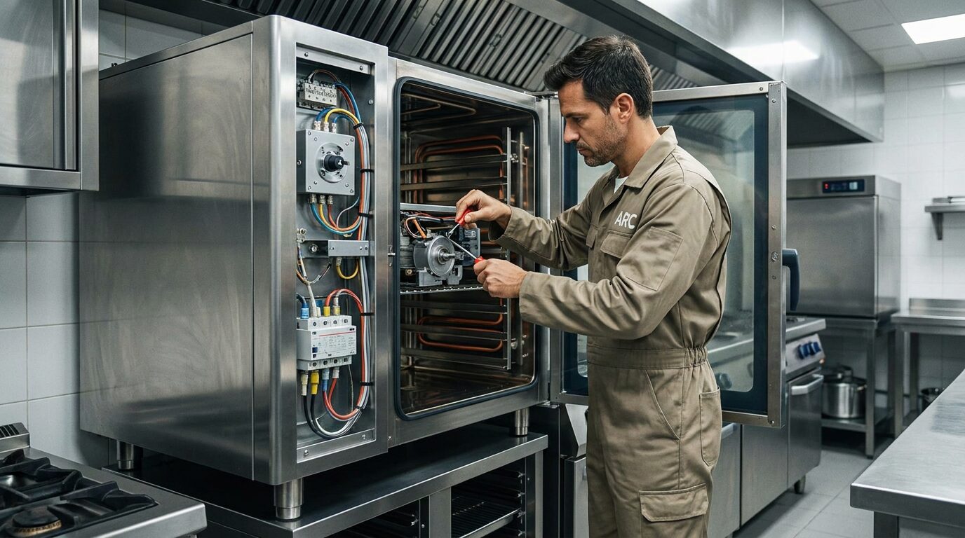 Técnico revisando mantenimiento preventivo de maquinaria profesional de cocina en Cáceres
