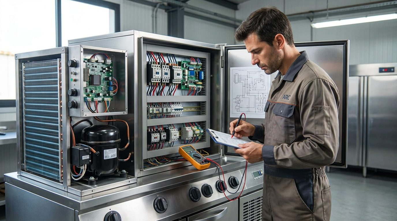 Servicio técnico diagnosticando una avería en equipo de frío industrial en Cáceres
