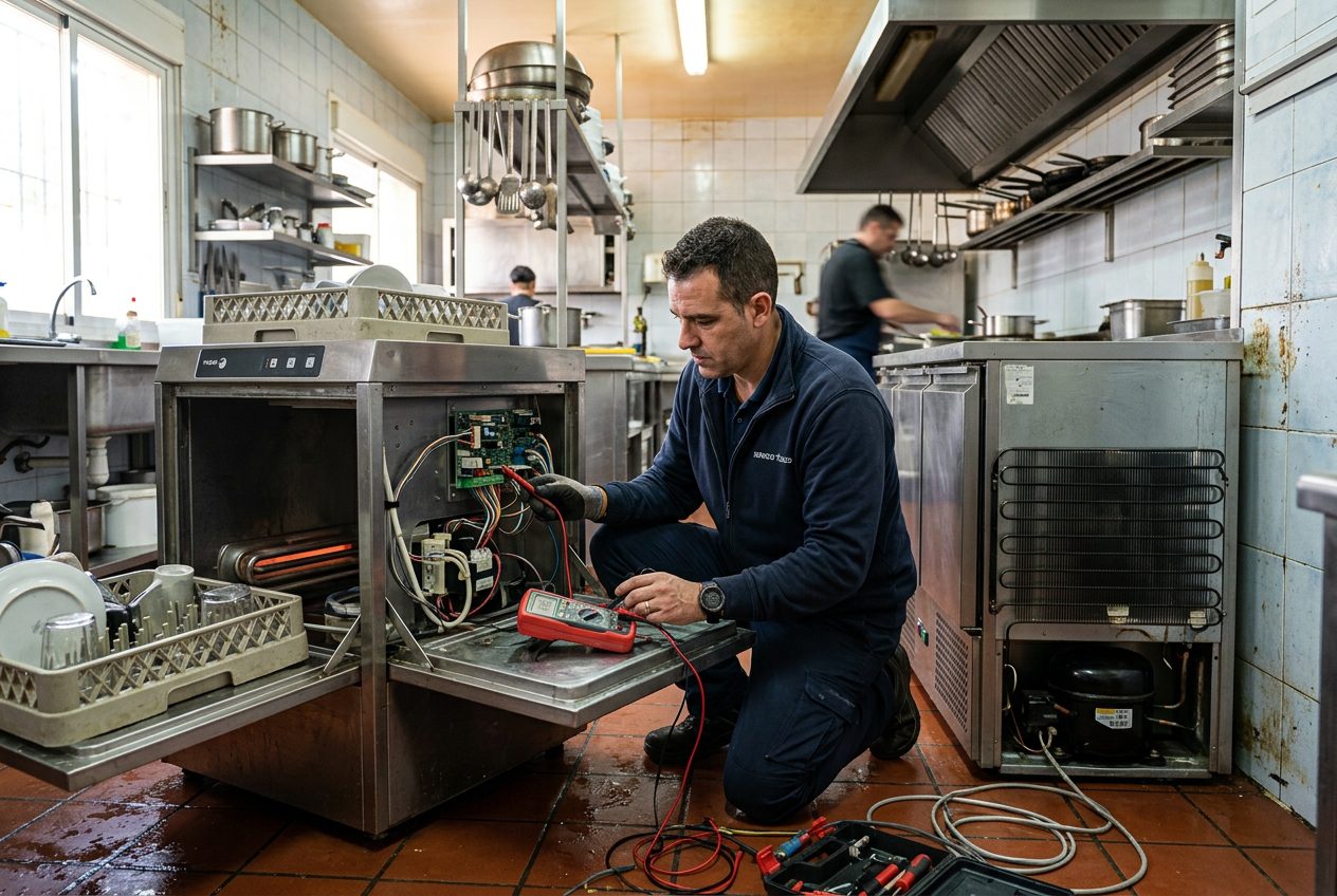 Técnico reparando horno industrial en cocina profesional en Castellón de la Plana