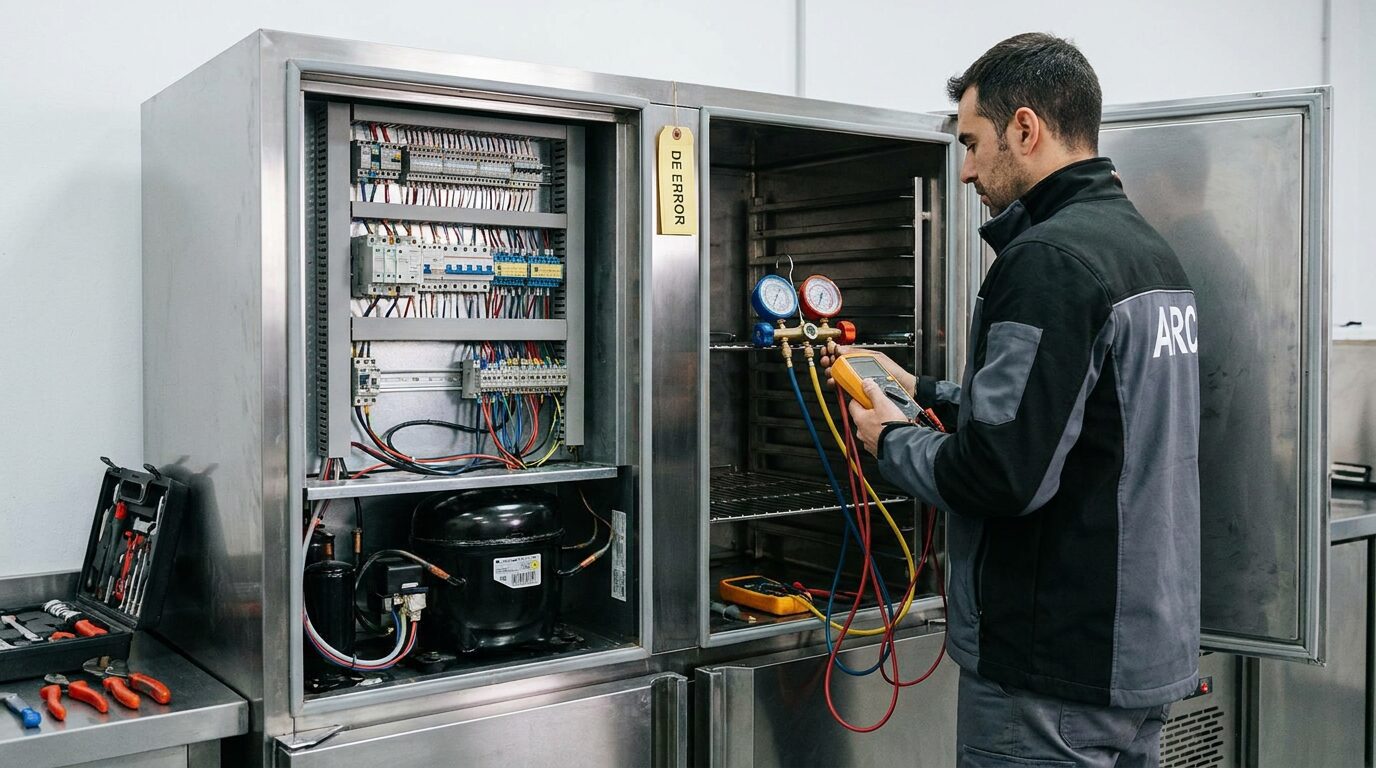 Técnico diagnosticando avería eléctrica en maquinaria de hostelería en Ciudad Real
