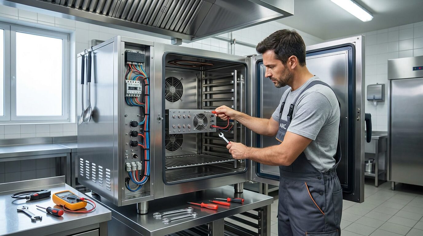 Técnico inspeccionando maquinaria de cocina industrial en Lugo