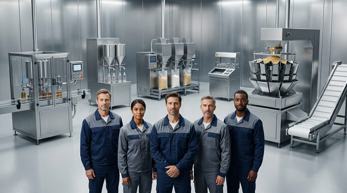 Equipo técnico corporativo frente a varias máquinas llenadoras, contadoras y multicabezal en nave industrial