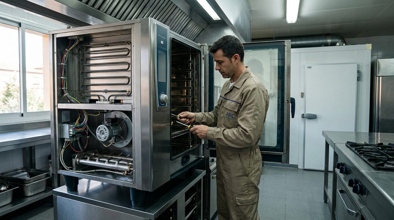 Técnico haciendo revisión preventiva a maquinaria de cocina profesional