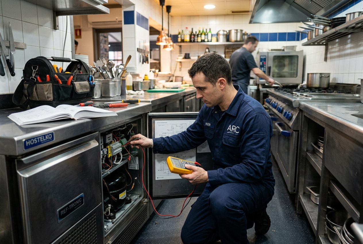 Técnico revisando sistema de refrigeración comercial en San Sebastián
