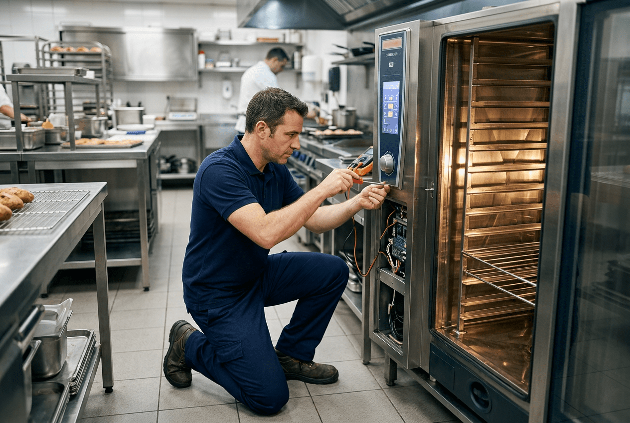 Técnico revisando un horno industrial profesional de acero inoxidable en cocina o obrador
