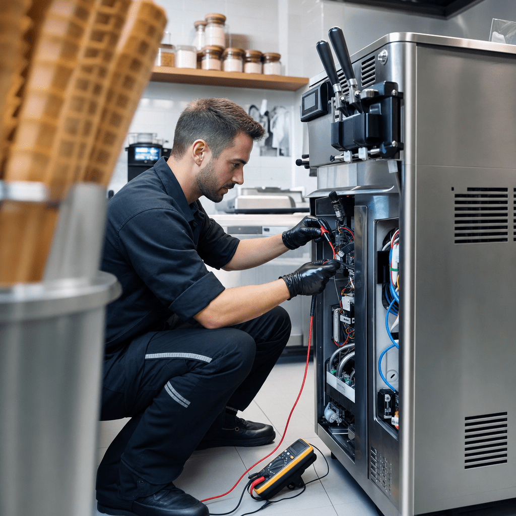 Técnico reparando una máquina de helados suaves soft serve en entorno profesional
