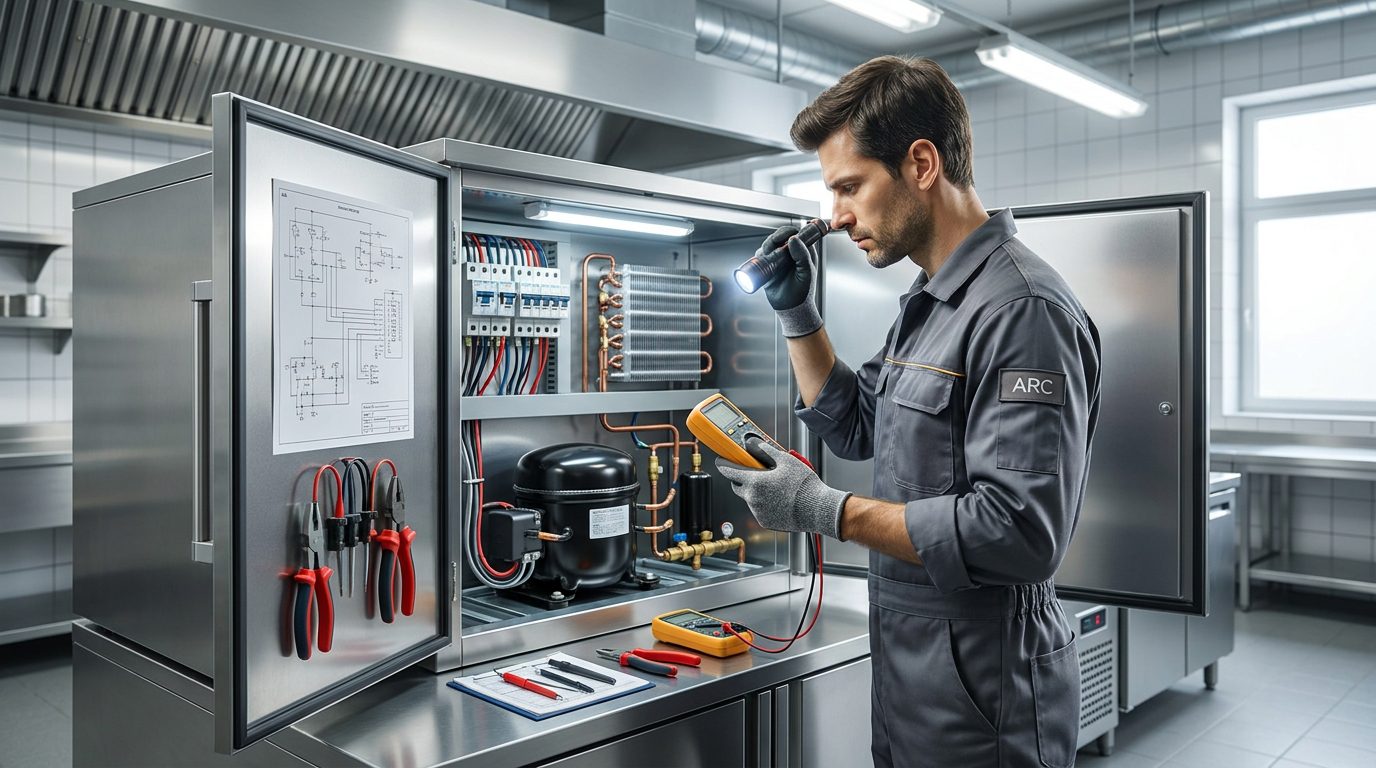 Técnico reparando avería en equipo profesional de cocina en Teruel