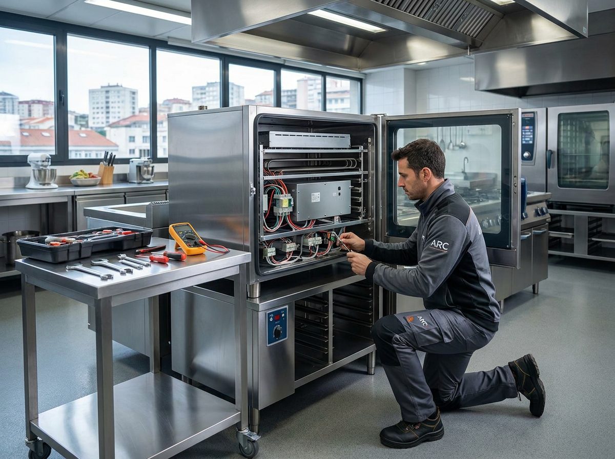 Técnico realizando inspección preventiva en maquinaria de cocina profesional