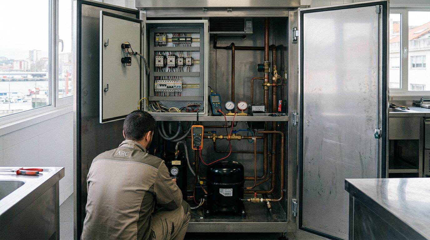 Servicio técnico reparando avería en horno industrial