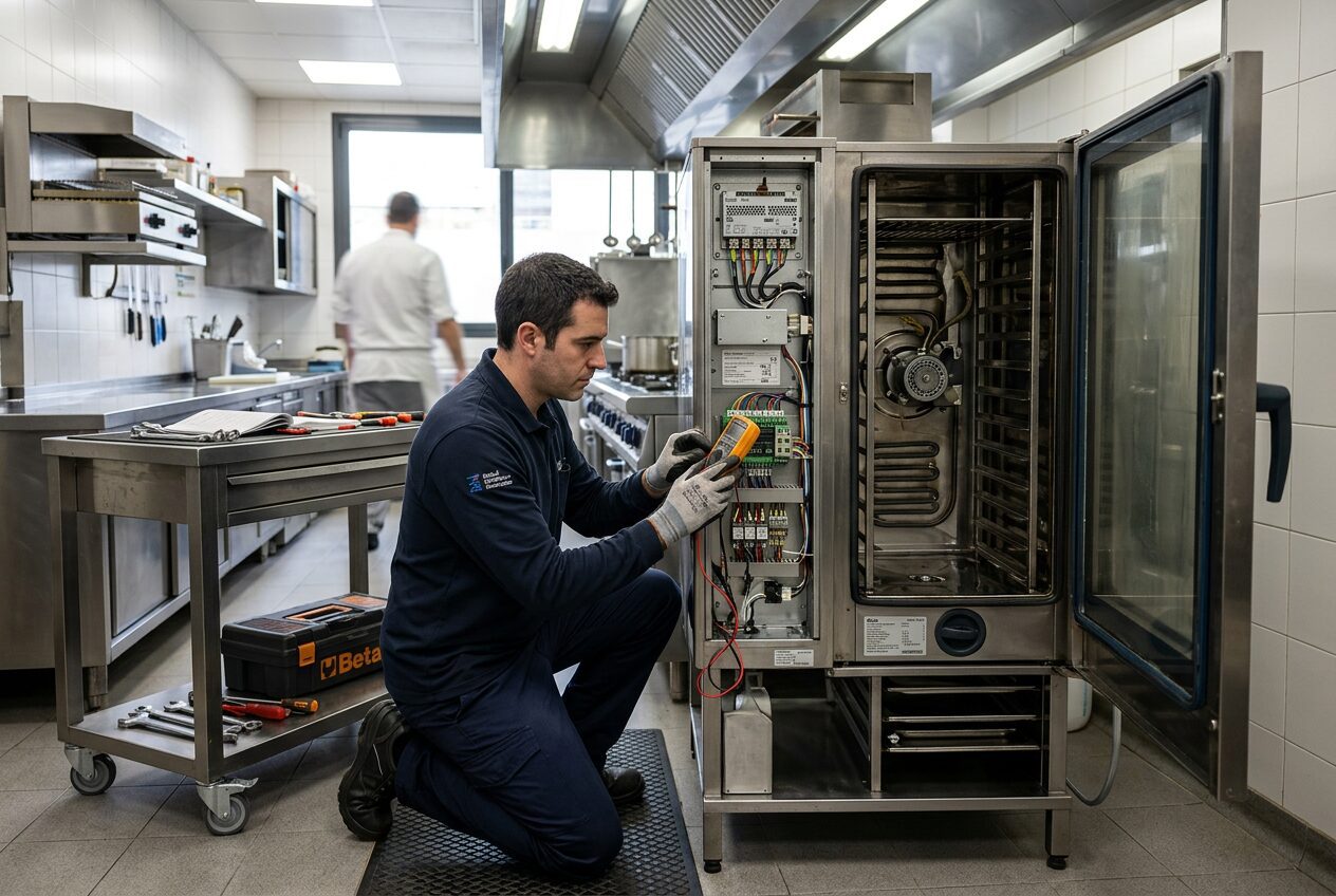 Técnico inspeccionando maquinaria de hostelería durante mantenimiento preventivo