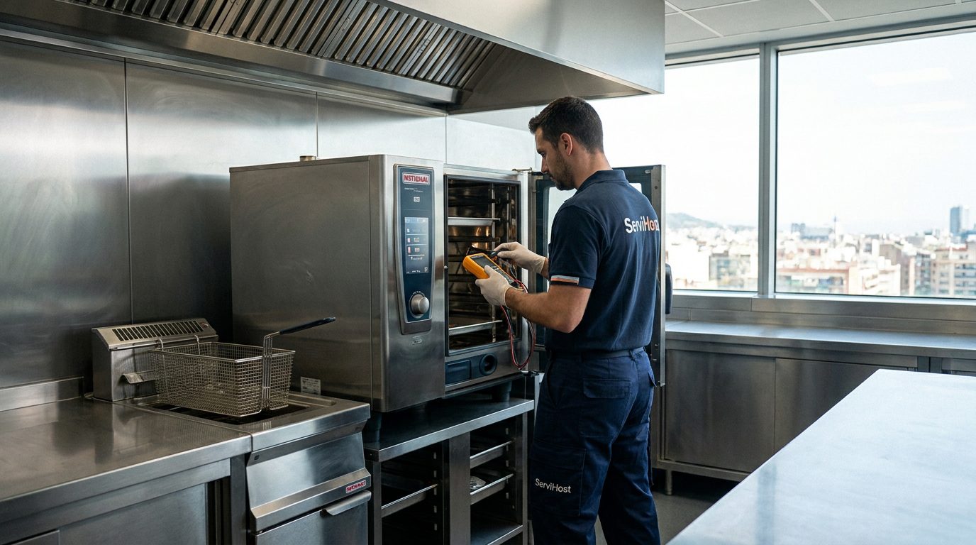 Técnico revisando horno y freidora industrial en cocina profesional de Barcelona
